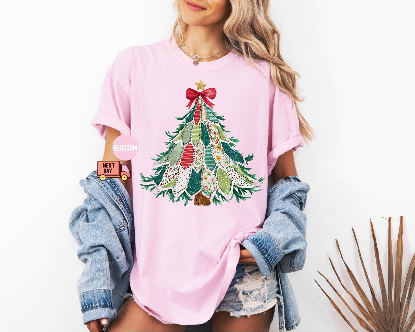 Faux Patchwork Christmas Shirt, Vintage Holiday Shirt, Christmas Tree Shirt, Crewneck Coquette Bow Shirt, Christmas Gift