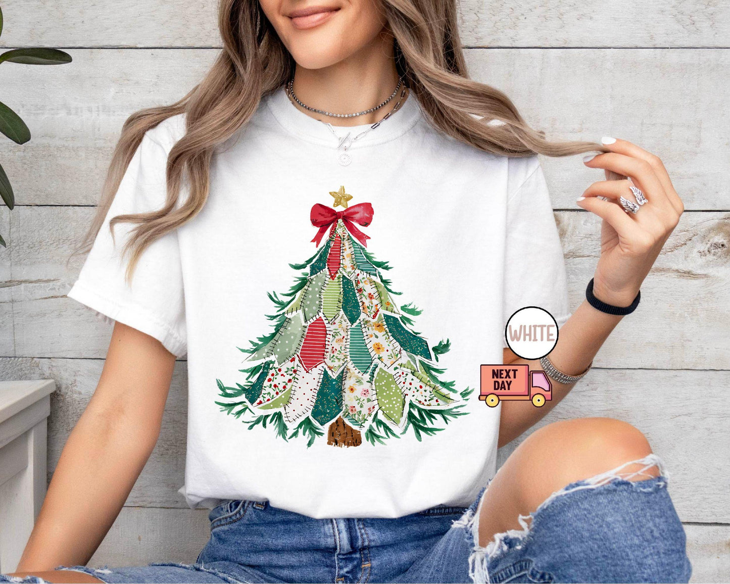 Faux Patchwork Christmas Shirt, Vintage Holiday Shirt, Christmas Tree Shirt, Crewneck Coquette Bow Shirt, Christmas Gift