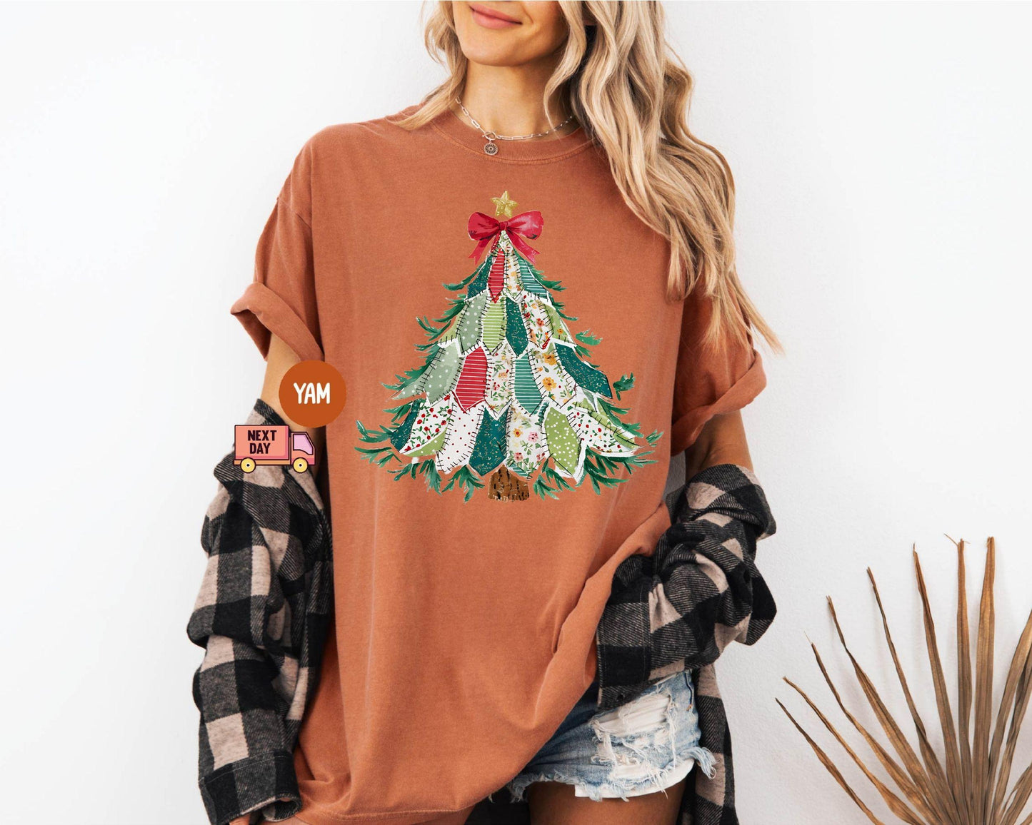 Faux Patchwork Christmas Shirt, Vintage Holiday Shirt, Christmas Tree Shirt, Crewneck Coquette Bow Shirt, Christmas Gift