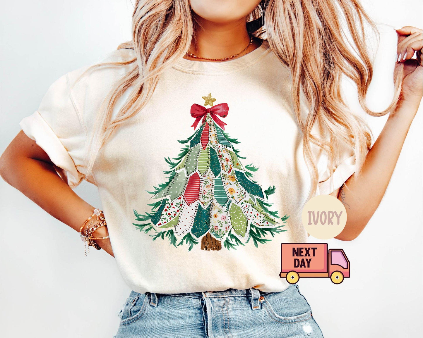 Faux Patchwork Christmas Shirt, Vintage Holiday Shirt, Christmas Tree Shirt, Crewneck Coquette Bow Shirt, Christmas Gift