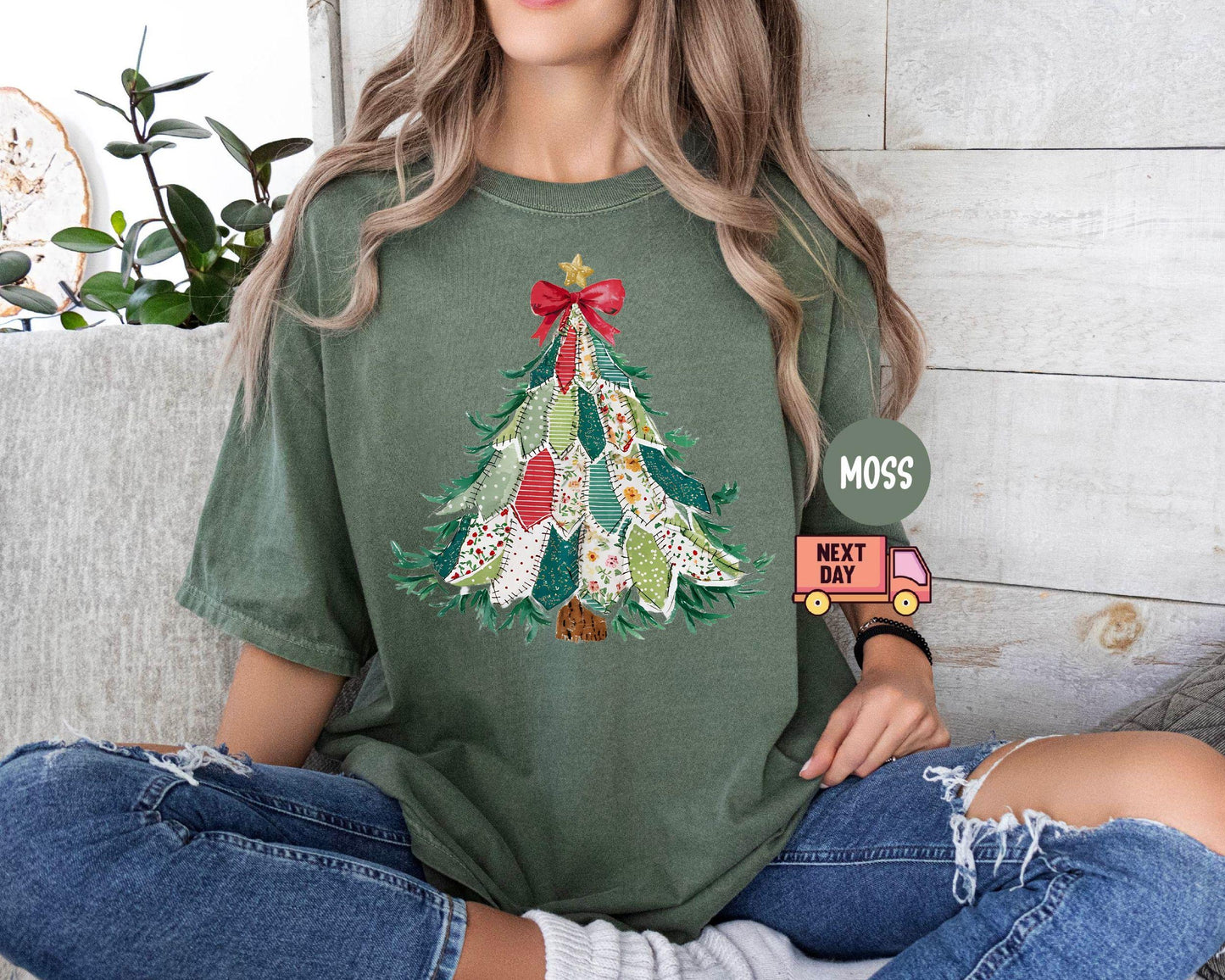 Faux Patchwork Christmas Shirt, Vintage Holiday Shirt, Christmas Tree Shirt, Crewneck Coquette Bow Shirt, Christmas Gift