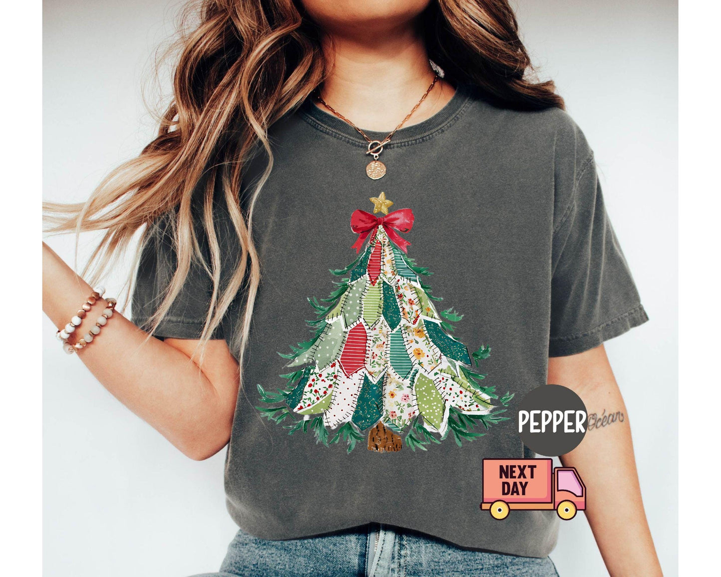 Faux Patchwork Christmas Shirt, Vintage Holiday Shirt, Christmas Tree Shirt, Crewneck Coquette Bow Shirt, Christmas Gift