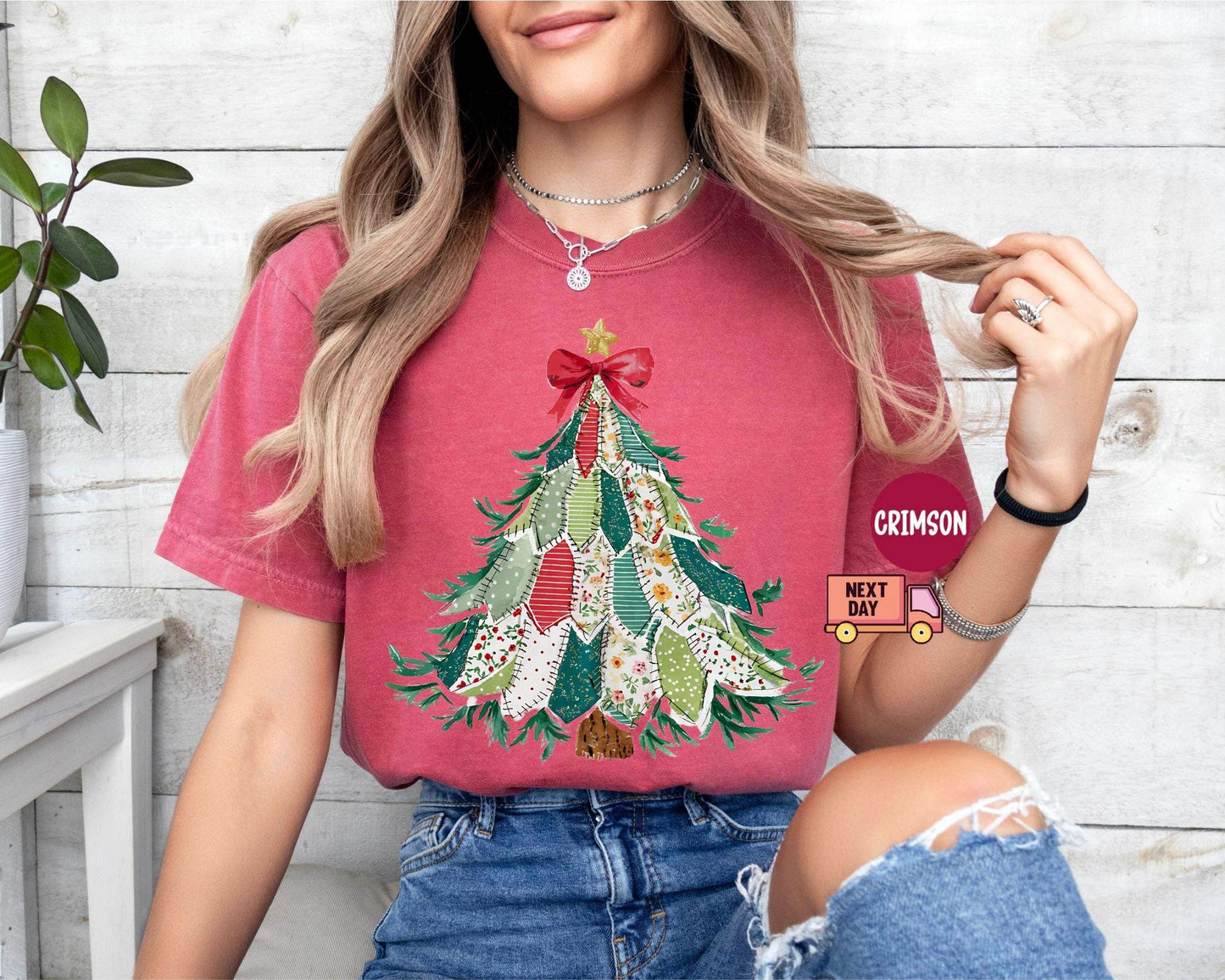 Faux Patchwork Christmas Shirt, Vintage Holiday Shirt, Christmas Tree Shirt, Crewneck Coquette Bow Shirt, Christmas Gift