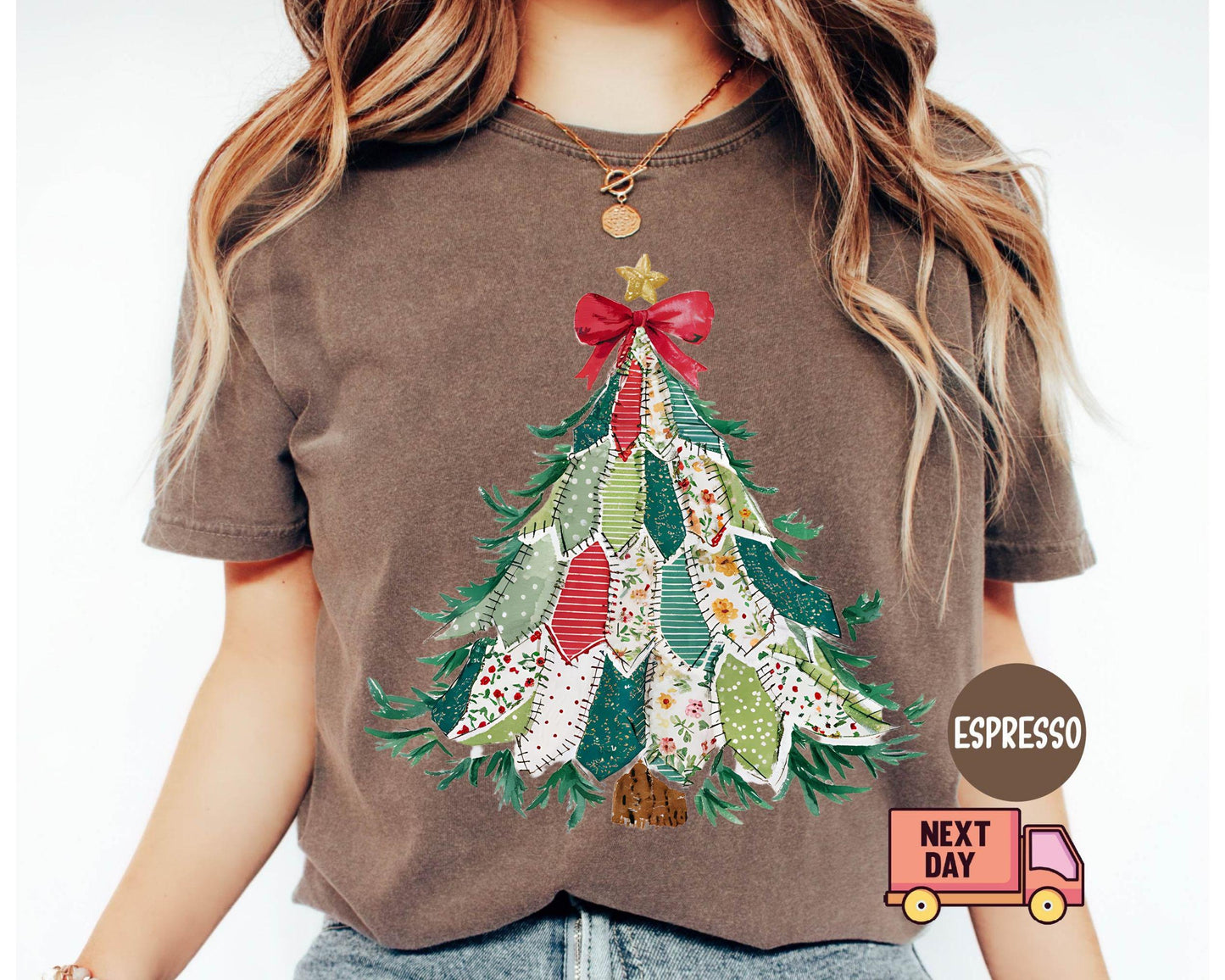 Faux Patchwork Christmas Shirt, Vintage Holiday Shirt, Christmas Tree Shirt, Crewneck Coquette Bow Shirt, Christmas Gift