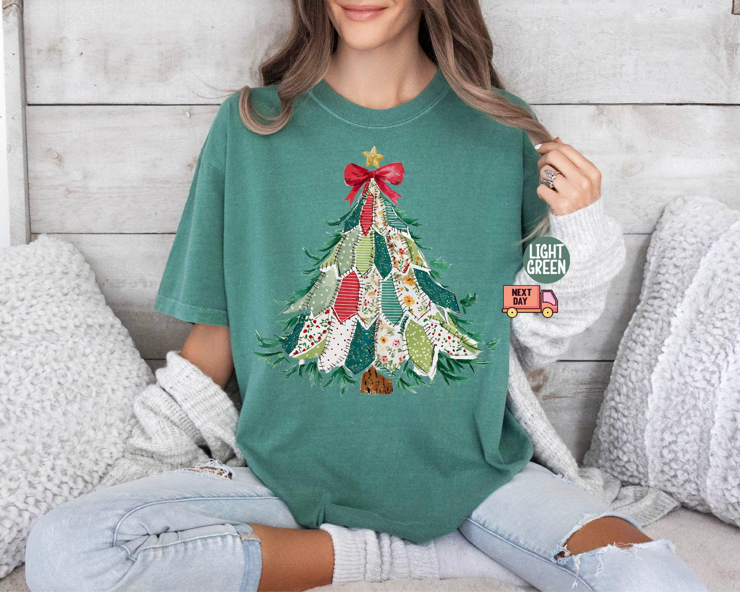 Faux Patchwork Christmas Shirt, Vintage Holiday Shirt, Christmas Tree Shirt, Crewneck Coquette Bow Shirt, Christmas Gift