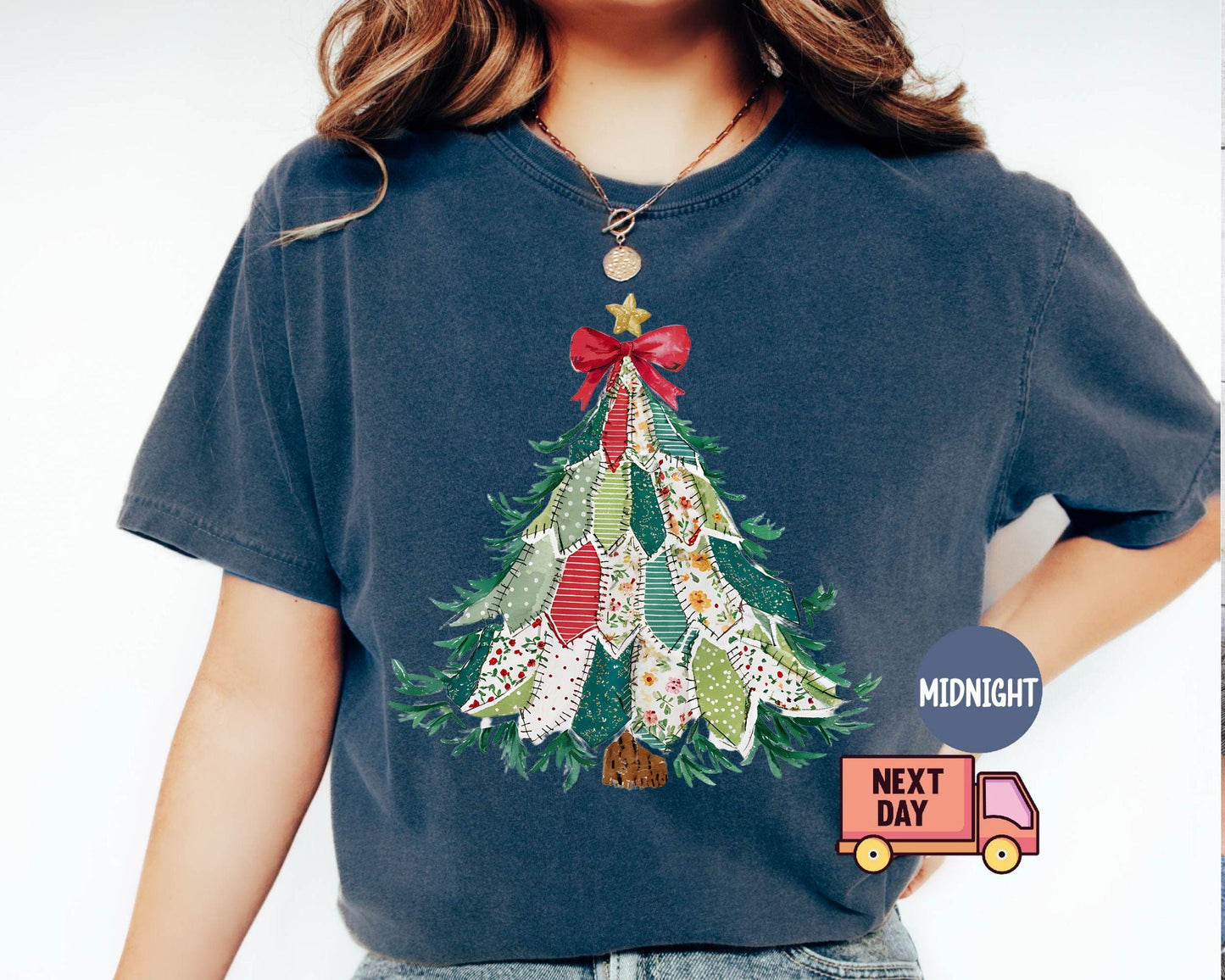 Faux Patchwork Christmas Shirt, Vintage Holiday Shirt, Christmas Tree Shirt, Crewneck Coquette Bow Shirt, Christmas Gift