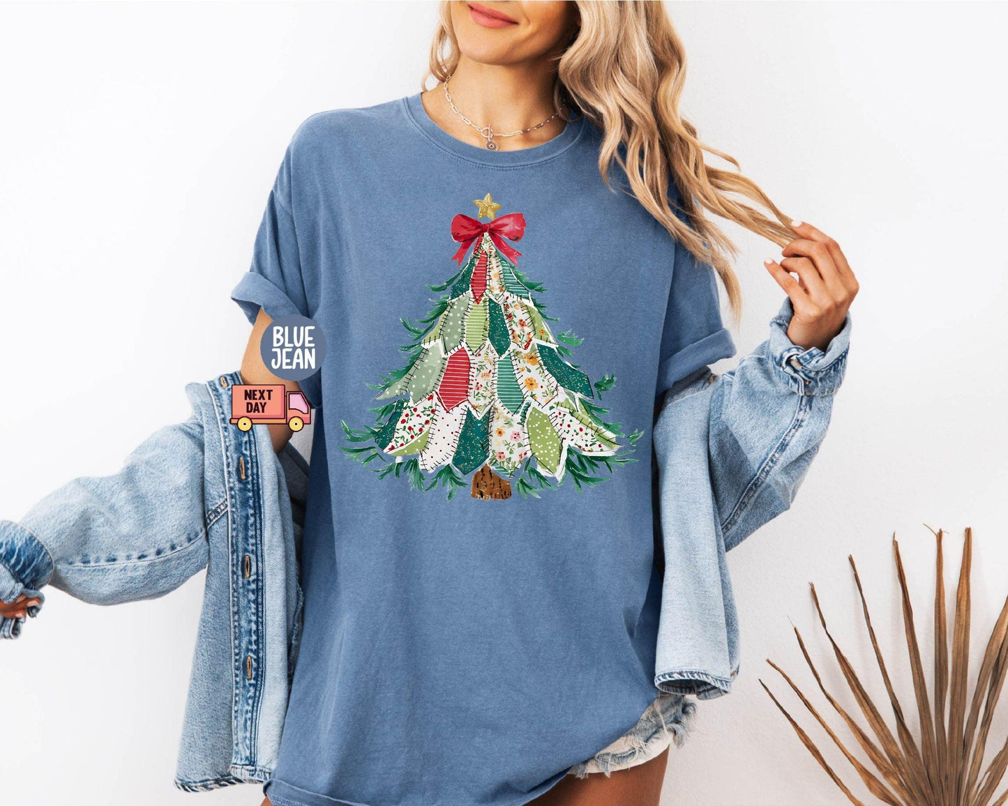 Faux Patchwork Christmas Shirt, Vintage Holiday Shirt, Christmas Tree Shirt, Crewneck Coquette Bow Shirt, Christmas Gift