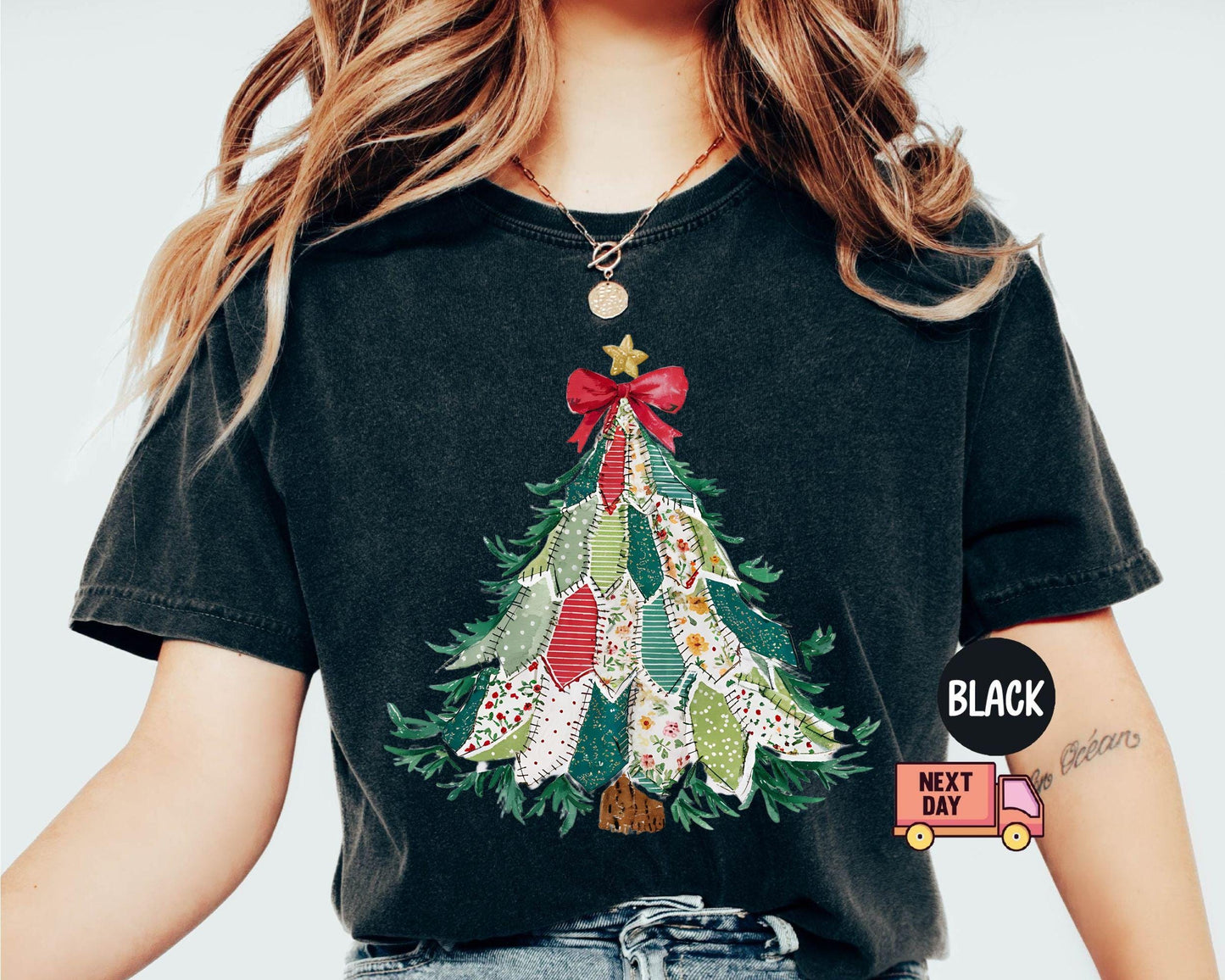 Faux Patchwork Christmas Shirt, Vintage Holiday Shirt, Christmas Tree Shirt, Crewneck Coquette Bow Shirt, Christmas Gift